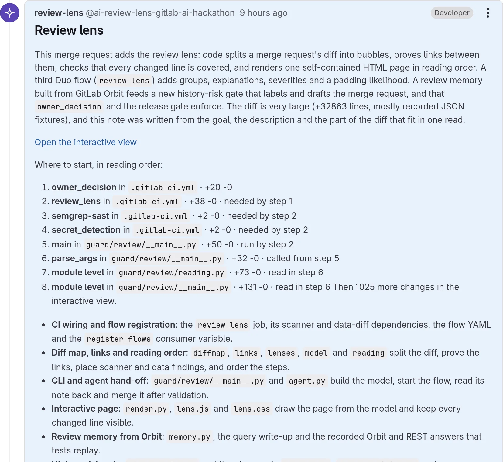 The review-lens note on !18, written by the review-lens service account: the summary, a link to the interactive view, where to start in reading order, and groups by purpose.