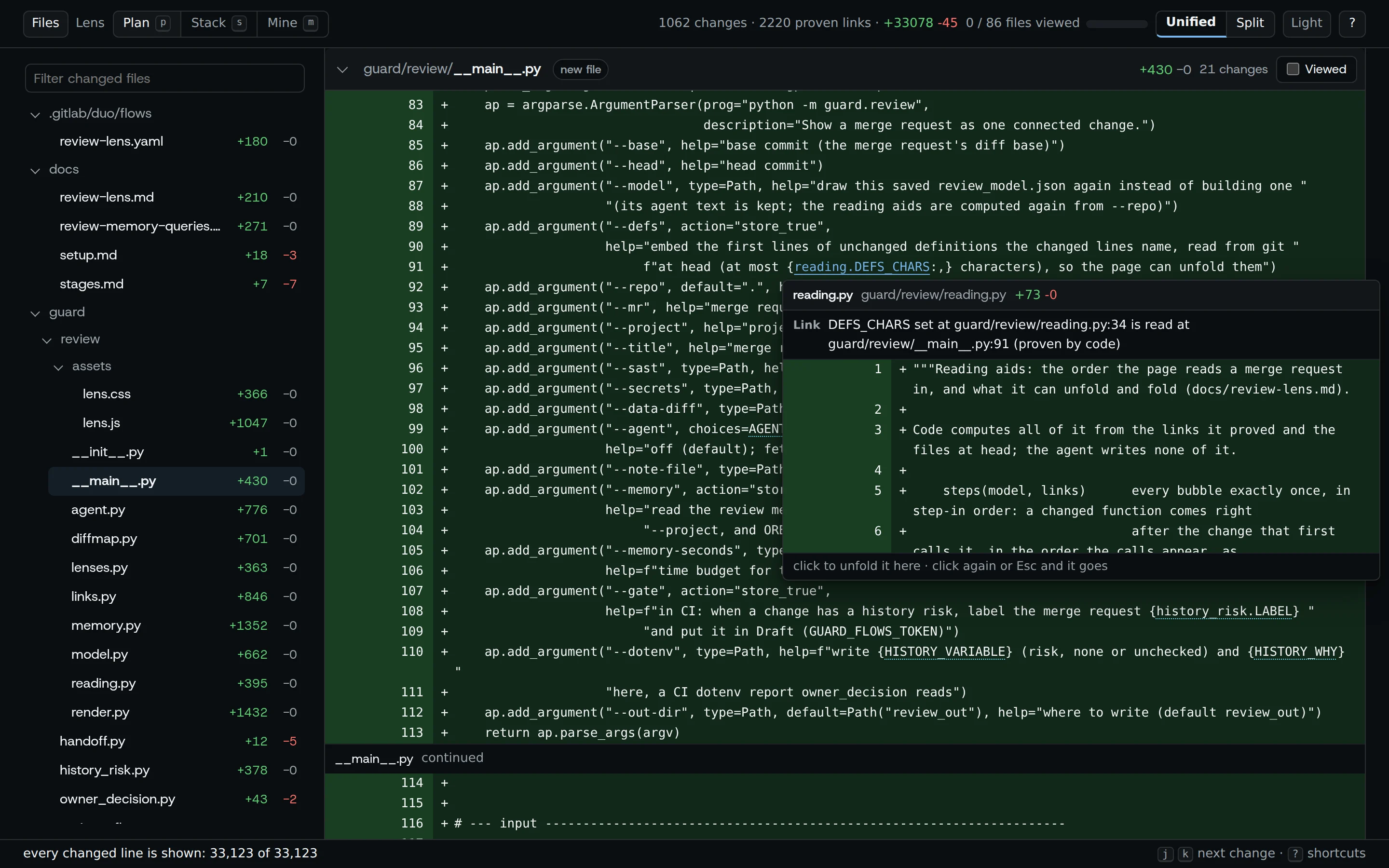 Molly's review page of !18: the pointer on the underlined name reading.DEFS_CHARS in guard/review/__main__.py opens a peek with the definition's file, the link code proved and its first lines, and says a click unfolds it in place.